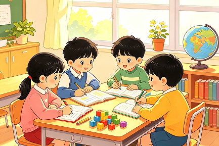 小学生围坐课桌开展科学探究活动
