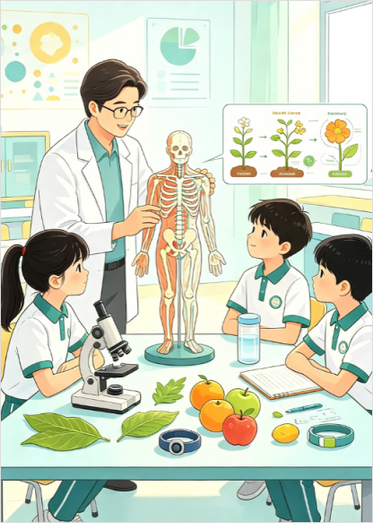 老师带领学生观察人体结构模型开展生命健康主题探究